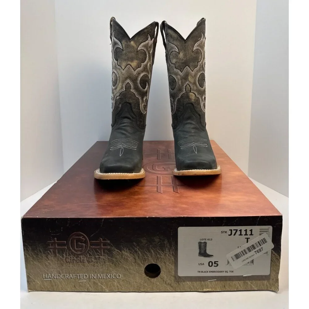 Circle G Unisex Kids Black Embroidered Western Boot Square‎ Toe ( J7111) Size 5